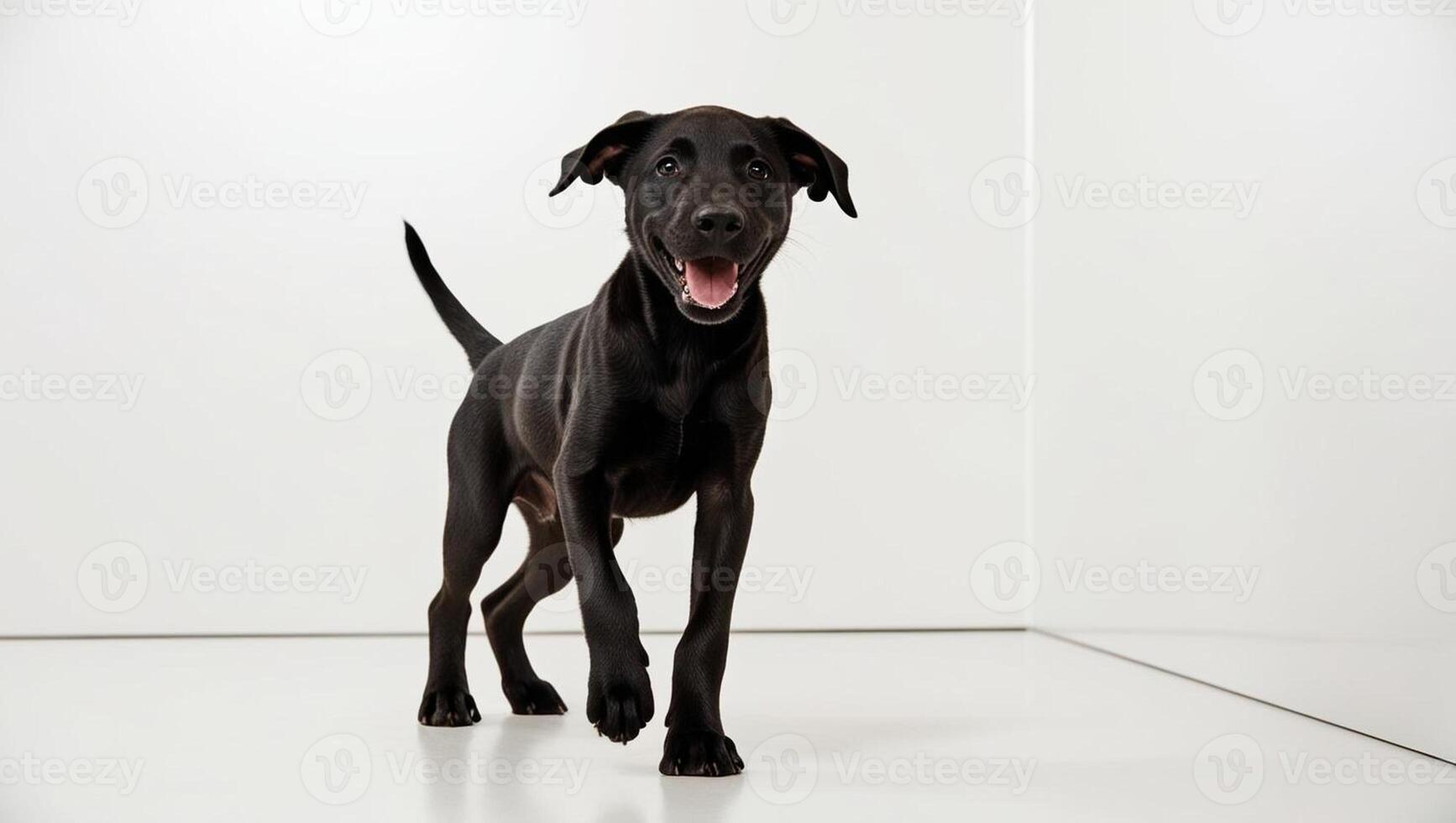 Cute playful black-doggy or pet is playing and looking happy isolated on white background. Concept of motion, action, movement photo