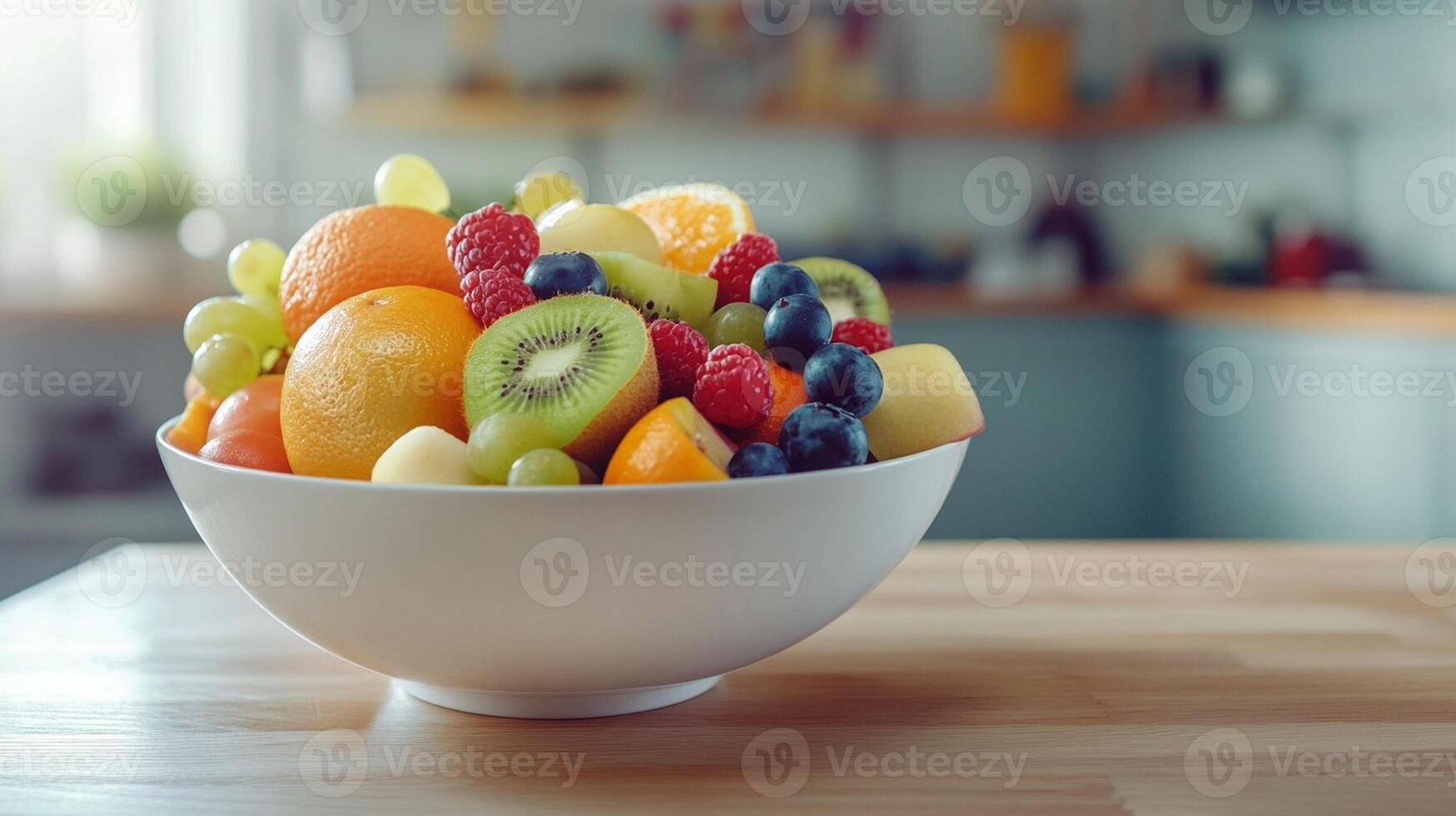 fresh fruits placed in a bowl on a wooden table on a kitchen with blurry blurred, bright and vibrant photo