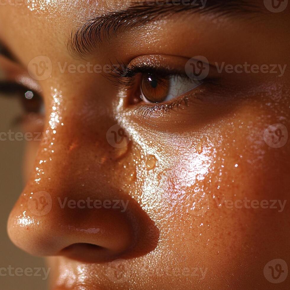 a womans skin, highlighting a combination skin type with visible oiliness on the forehead and nose, while the cheeks appear drier and slightly flaky photo