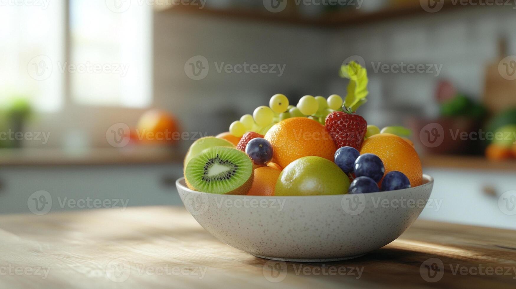 fresh fruits placed in a bowl on a wooden table on a kitchen with blurry blurred photo