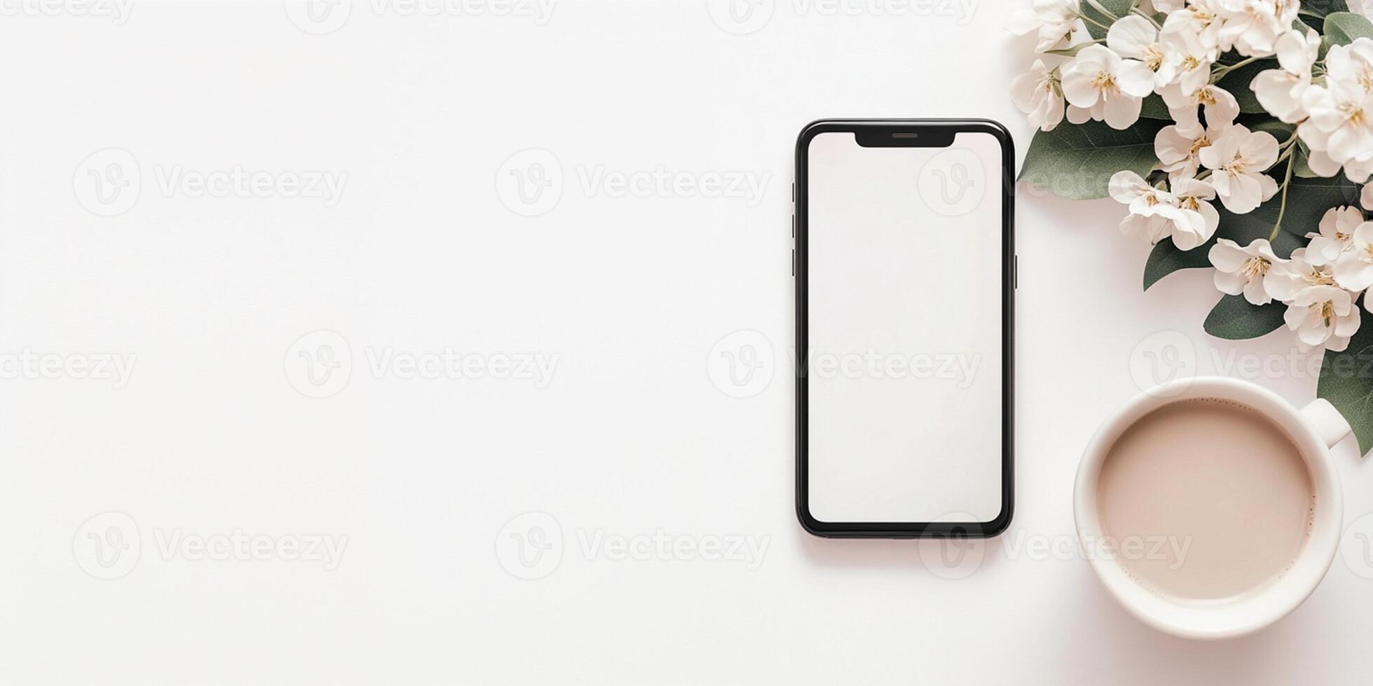 A minimalist flat lay of a smartphone with a social media post displayed, aesthetic background with a coffee cup and flowers, large empty space on the right for branding or caption photo
