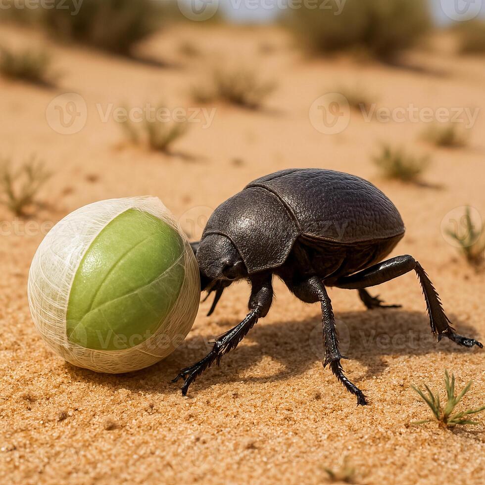 Macro shot of a beetle pushing a seed with biodegradable wrap on a sandy desert surface photo