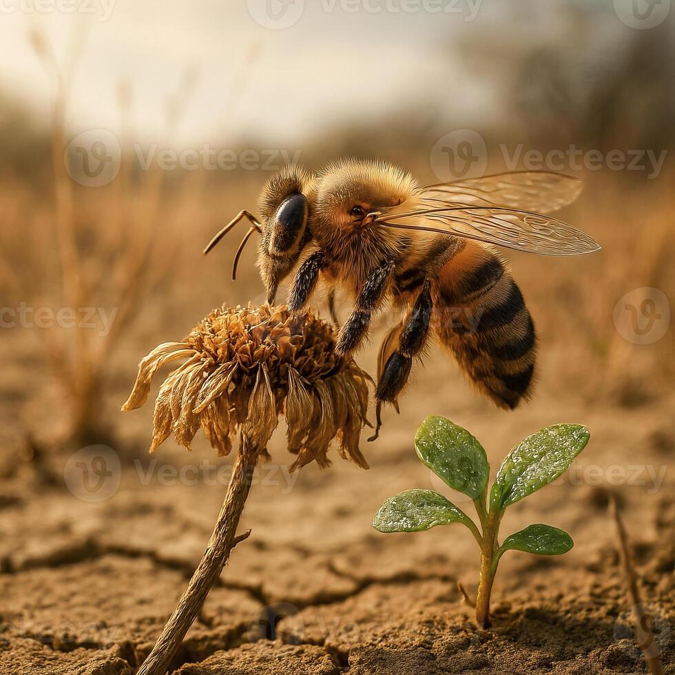 Macro view of a honeybee on a dried flower with a droughtresistant plant in a parched meadow photo