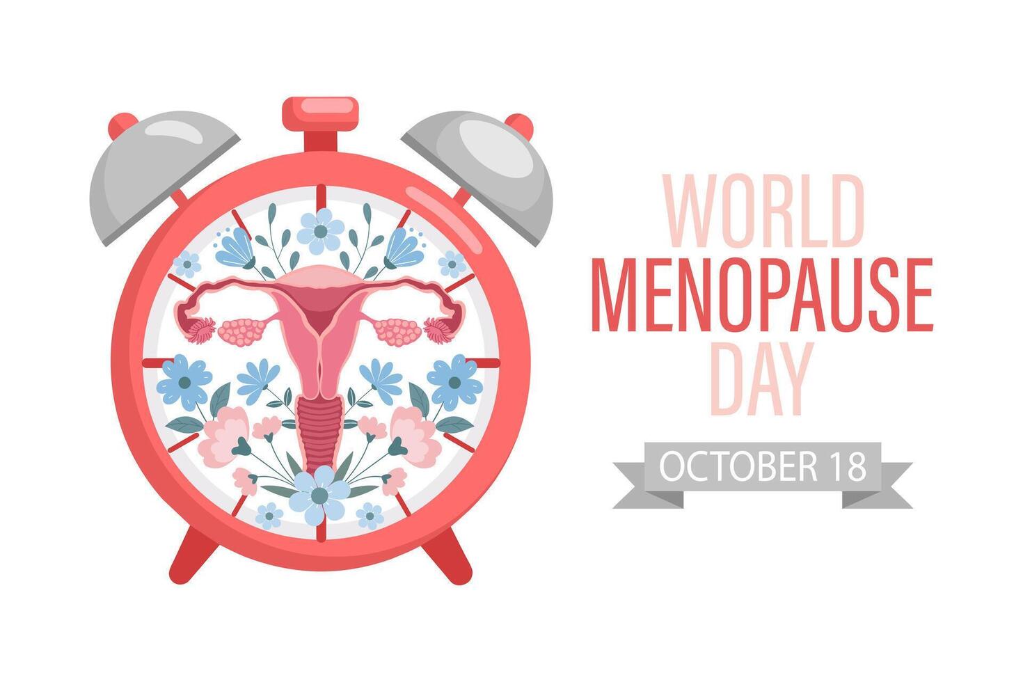 World menopause day. Female reproductive system with flowers in alarm clock. Flat style artistic illustration. vector