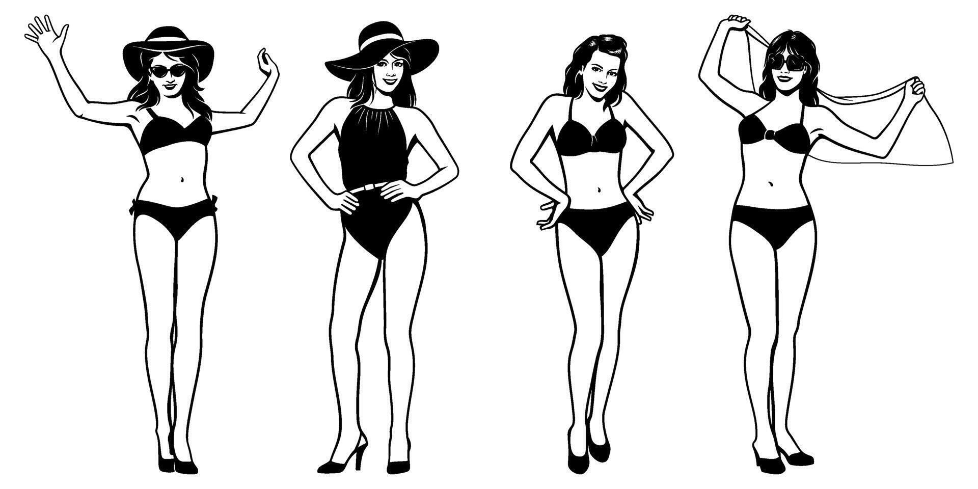 Women in bikini and Swimsuit Posing. Black and white cliparts isolated on white. vector