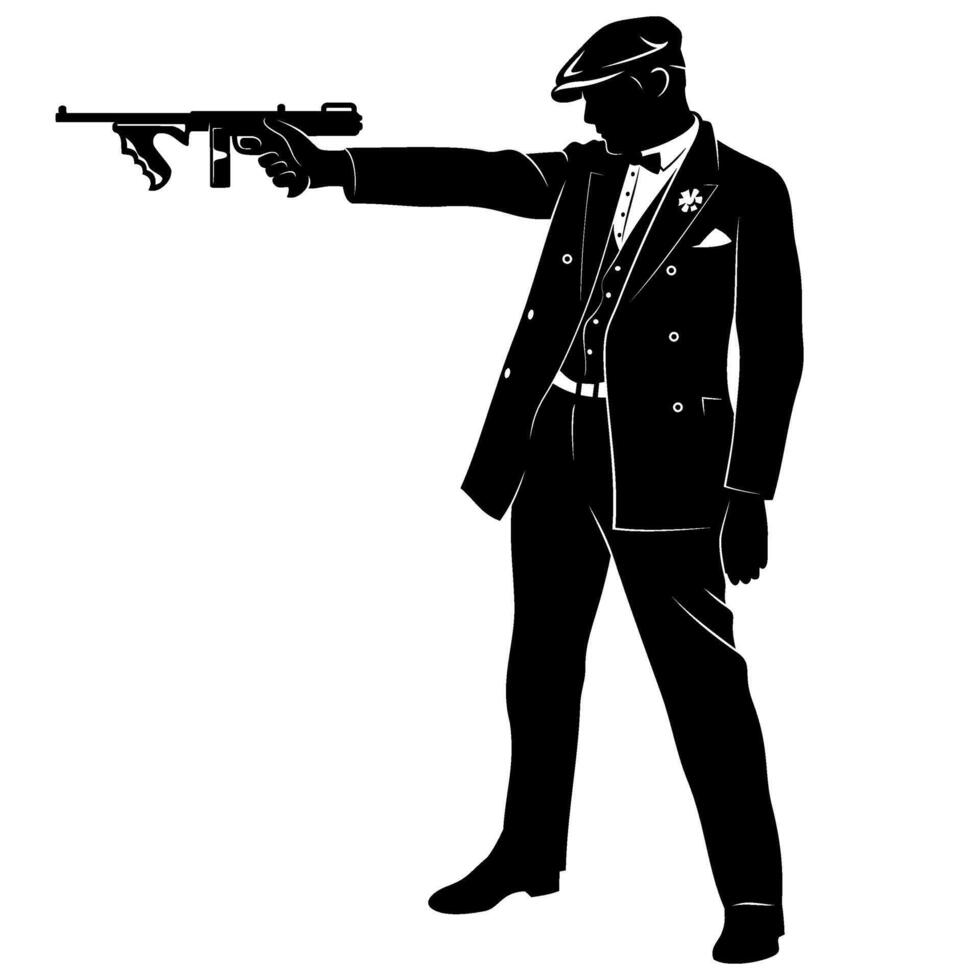 Silhouette of Gangster Shooting a Tommy-Gun. Clipart isolated on white. vector