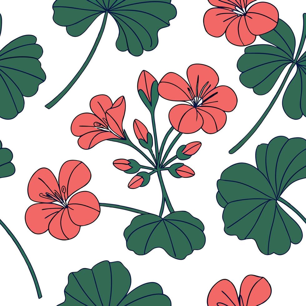 Flat Contemporary abstract geranium seamless pattern with vibrant hues and dynamic layout on white concept as Vibrant geraniums with dynamic layout forming an abstract seamless pat Clean Pro vector