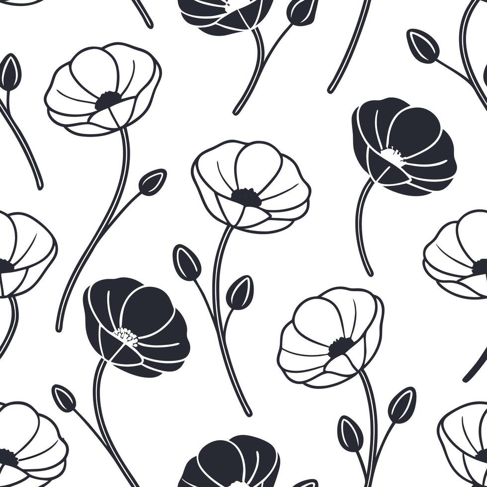 Flat Contemporary poppy seamless tile pattern with geometric poppy designs and monochrome palette ideal for trendy spaces concept as Geometric poppy designs and monochrome palette Clean Pro vector