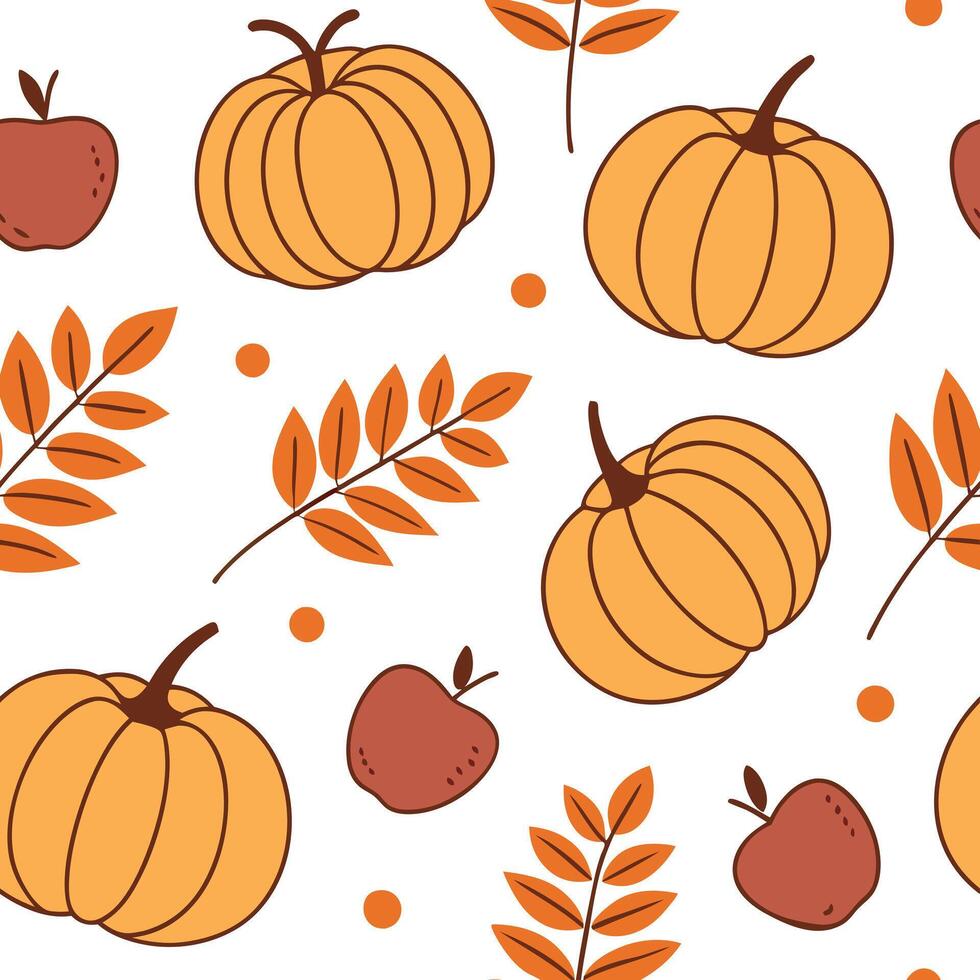 Flat Cozy autumn harvest seamless tile pattern with pumpkins apples and colorful leaves concept as Pumpkins apples and colorful leaves in warm tones create a warm autumn harvest se Clean Pro vector