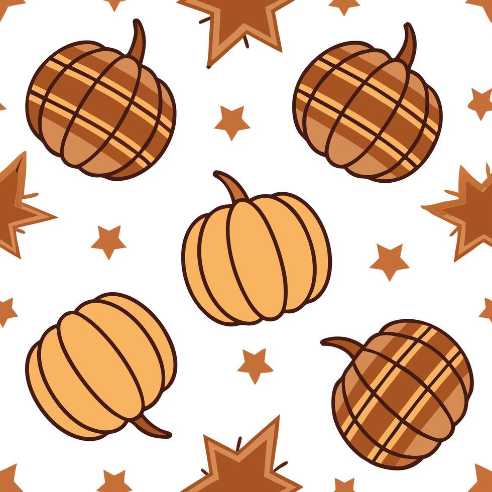 Flat Cozy autumn plaid and pumpkin seamless tile pattern with warm colors and festive vibes concept as Warm plaid patterns combined with pumpkins create a cozy autumn plaid seamles Clean Pro vector