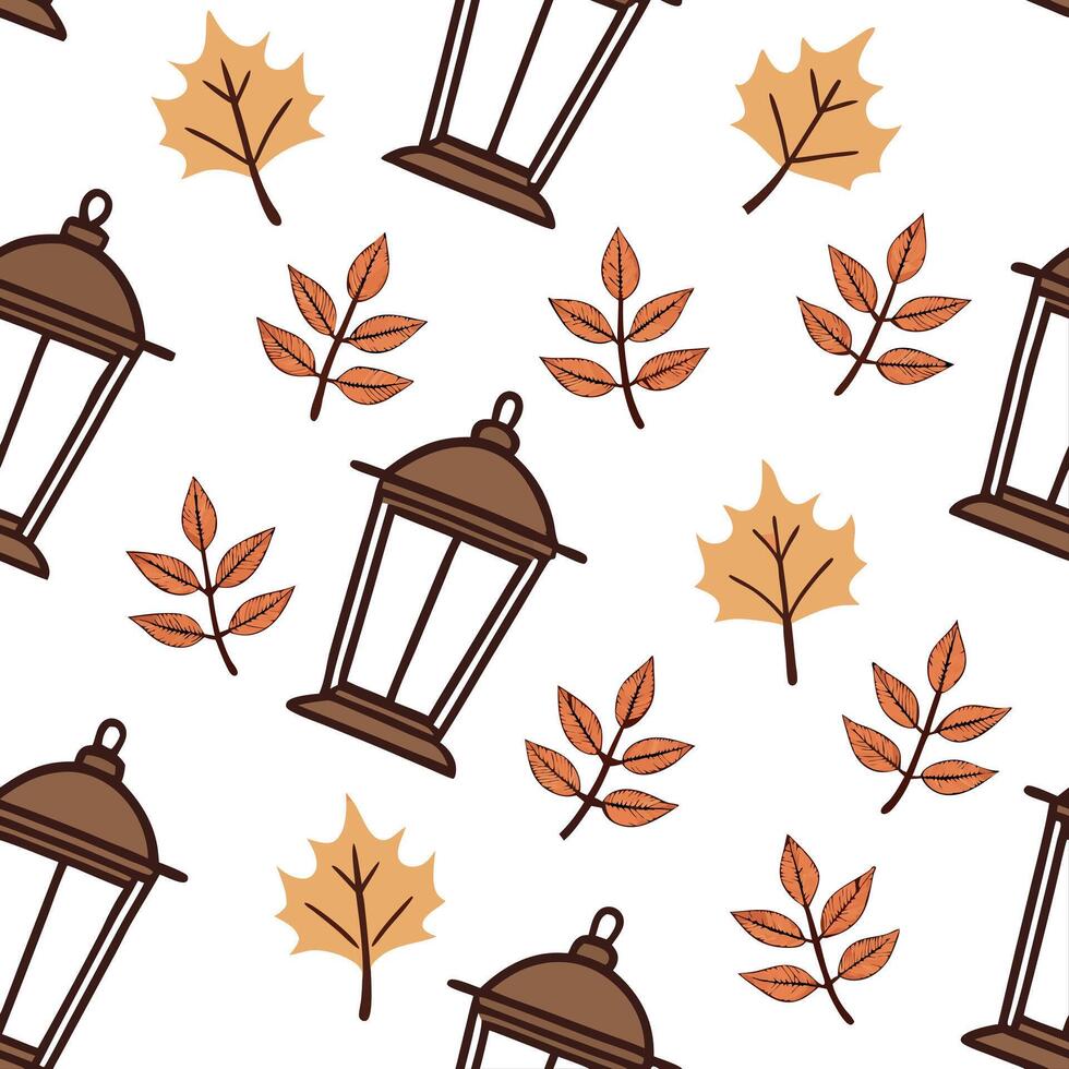 Flat Cozy autumn lanterns seamless tile pattern with warm lights and fall foliage concept as Warm lit autumn lanterns and fall foliage create a cozy seamless tile pattern perfect f Clean Pro vector
