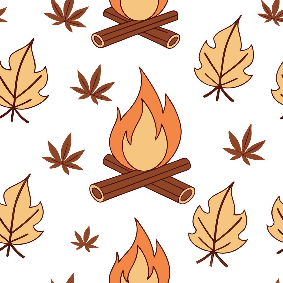 Flat Cozy bonfire and fall leaves seamless tile pattern with warm autumn tones concept as Warm bonfire flames and fall leaves create a cozy autumn seamless tile pattern perfect for Clean Pro vector