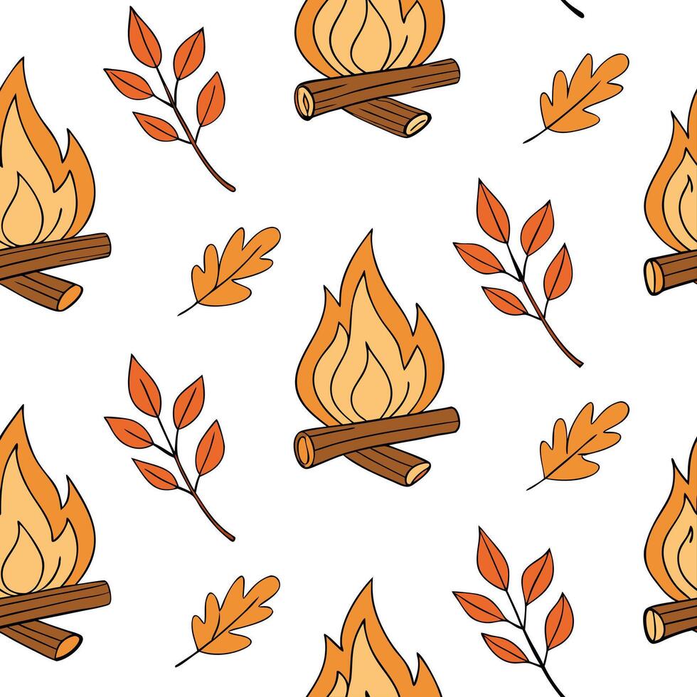 Flat Cozy campfire seamless tile pattern with warm flames and autumn foliage concept as Warm campfire flames and autumn foliage create a cozy seamless tile pattern perfect for fall Clean Pro vector