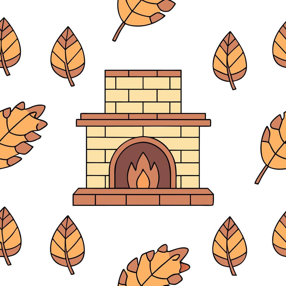 Flat Cozy fireplace and autumn leaves seamless tile pattern with warm inviting tones concept as A cozy fireplace surrounded by autumn leaves creates a seamless tile pattern with wa Clean Pro vector