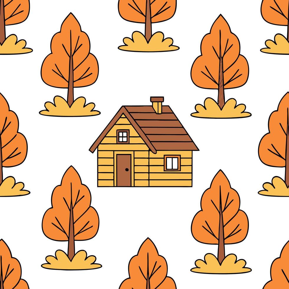 Flat Cozy cabin in the woods seamless tile pattern with autumn trees leaves and warm lighting concept as Autumn trees and warm lighting create a cozy cabin in the woods seamless ti Clean Pro vector