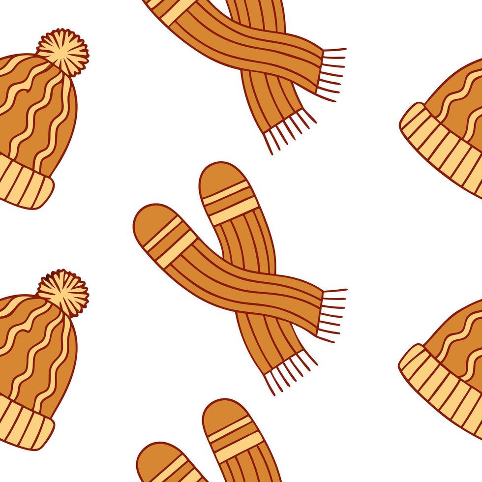 Flat Cozy knitted mittens and scarves seamless tile pattern with autumn hues and textures concept as Knitted mittens and scarves in autumn hues create a cozy seamless tile pattern Clean Pro vector