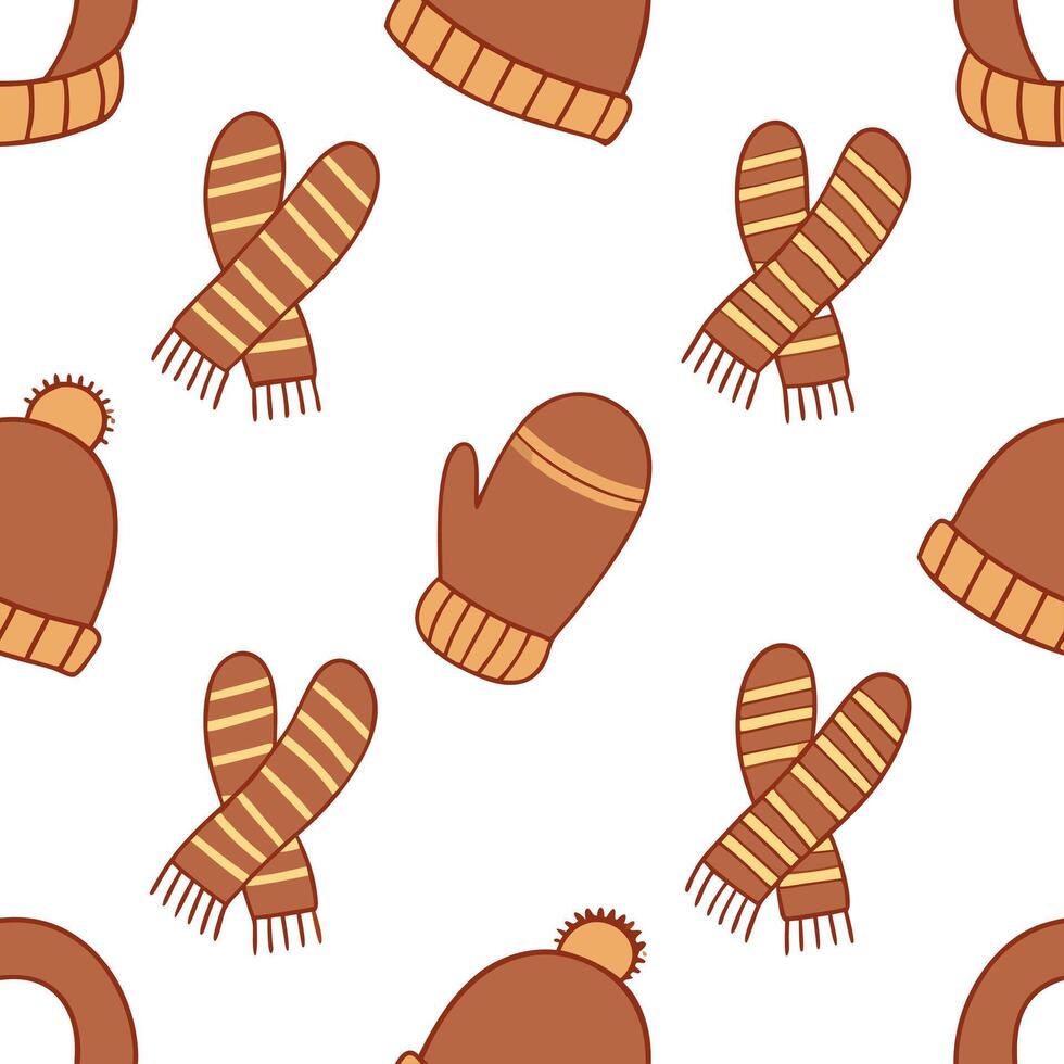 Flat Cozy knitted mittens and scarves seamless tile pattern with autumn hues and textures concept as Knitted mittens and scarves in autumn hues create a cozy seamless tile pattern Clean Pro 2 vector