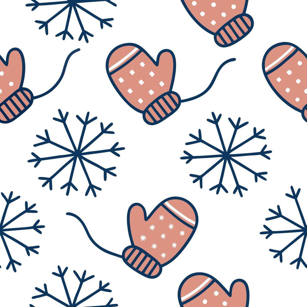 Flat Cozy winter mittens and snowflake seamless tile pattern with warm textures and cool accents concept as Cozy mittens paired with snowflakes create a seamless tile pattern with Clean Pro vector