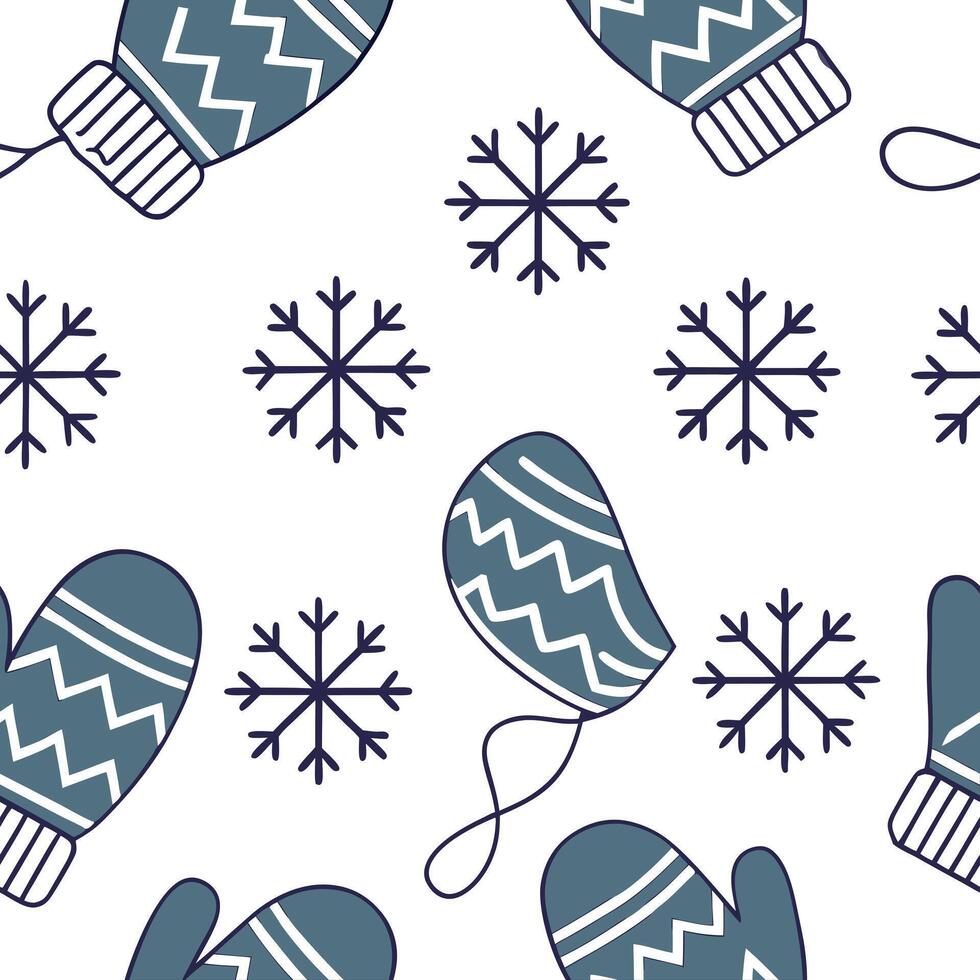 Flat Cozy winter seamless tile pattern with knitted mittens and snowflakes for warm home interiors concept as Knitted mittens and snowflakes arranged seamlessly to create warm and Clean Pro vector