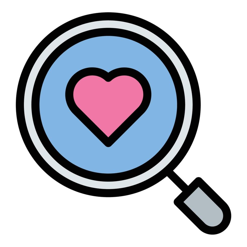 Love search icon flat line style illustration representing the quest for romantic connection and dating exploration, suitable for matchmaking apps, relationship services, and Valentines Day promotions vector
