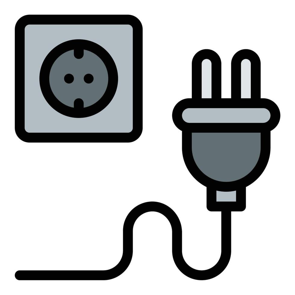 Plugging icon flat line style illustration representing connecting an electrical device to a power source, suitable for energy, electronics, and home appliance industries. vector