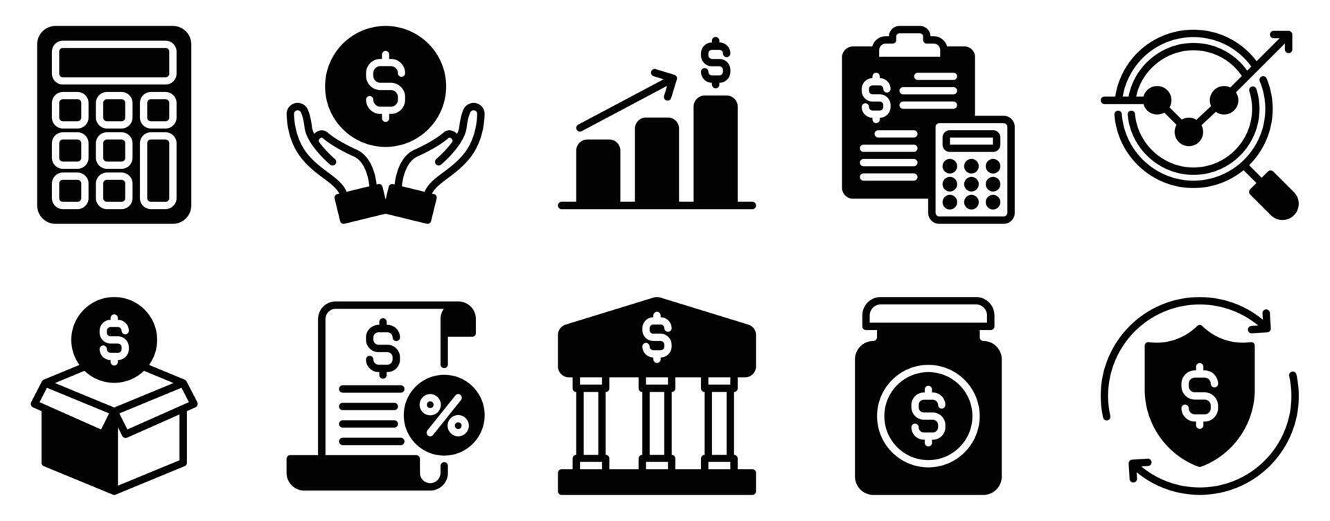 Accounting Icon Set Solid Style Collection representing financial management and bookkeeping suitable for business finance software and tax-related applications vector