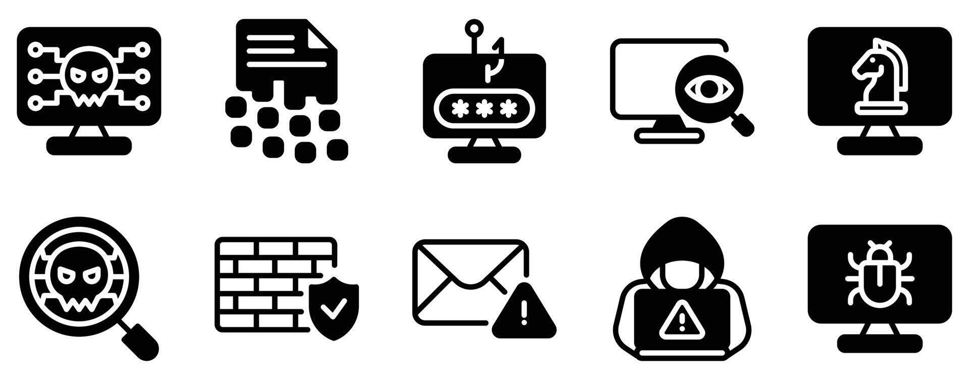Cyber Crimes Icon Set Solid Style Collection representing digital threats and online security breaches suitable for cybersecurity awareness law enforcement and IT protection applications vector