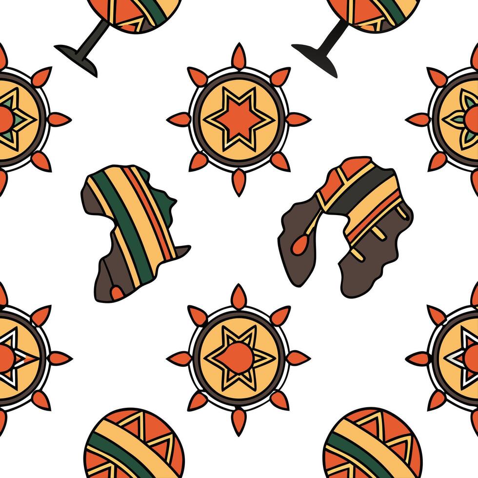 Flat Design seamless tile patterns showcasing African and Asian tribal artifacts for global merchandise ideal for cross cultural brand positioning and product launches concept as M Clean Pro vector