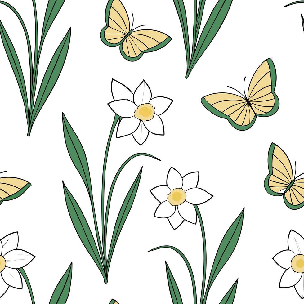 Flat Elegant Easter daffodils and butterflies seamless tile pattern with graceful spring motifs concept as Graceful spring motifs with elegant Easter daffodils and butterflies crea Clean Pro vector