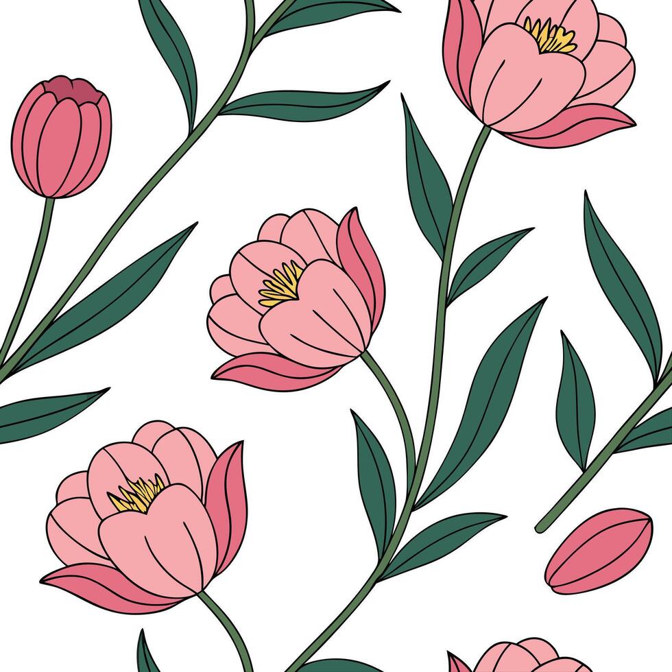 Flat Elegant Easter peonies and tulips seamless tile pattern with rich floral details concept as Rich floral details adorn elegant Easter peonies and tulips in seamless tile patter Clean Pro vector