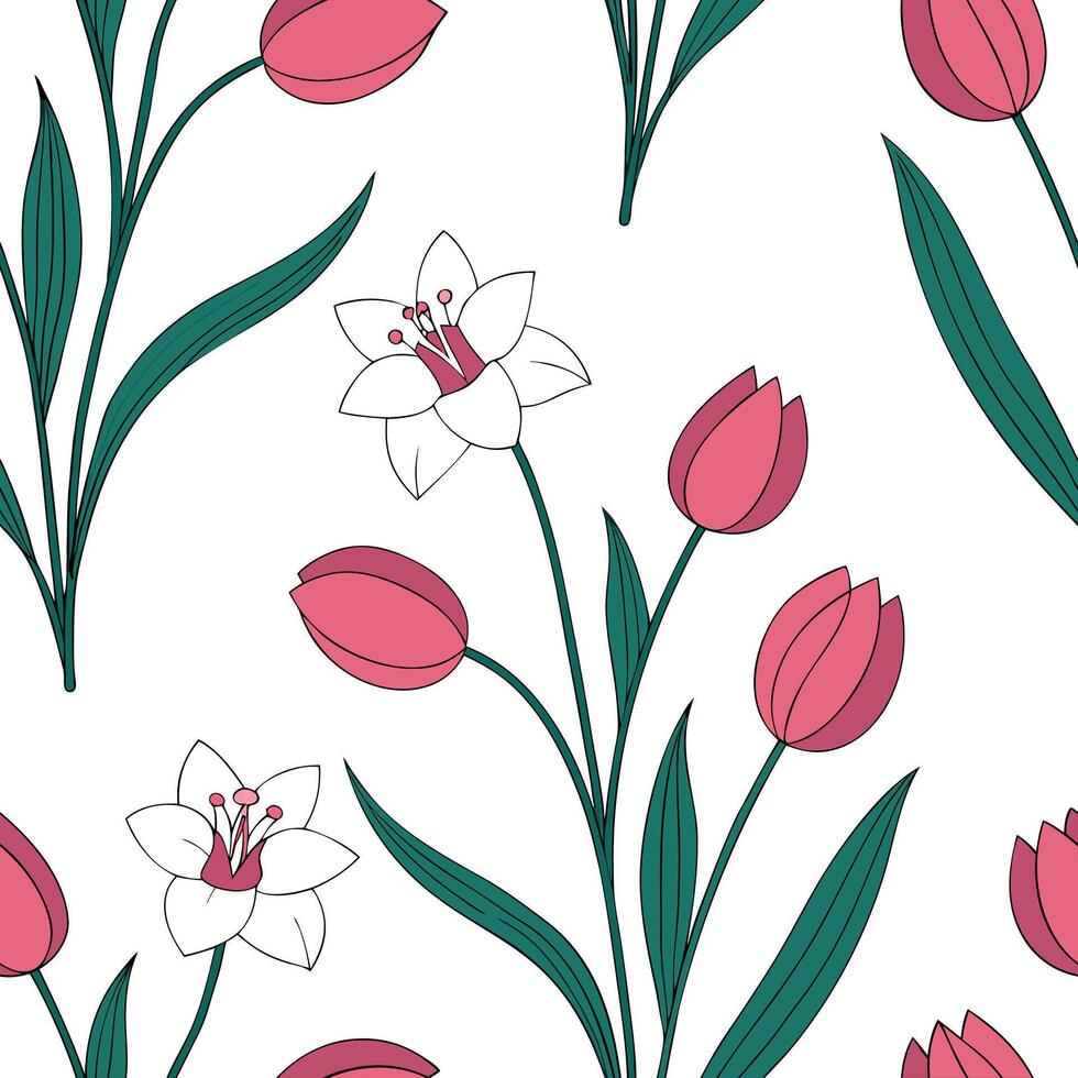 Flat Elegant Easter orchids and tulips seamless tile pattern with rich spring hues concept as Rich spring hues highlight elegant Easter orchids and tulips in seamless tile pattern Clean Pro 2 vector