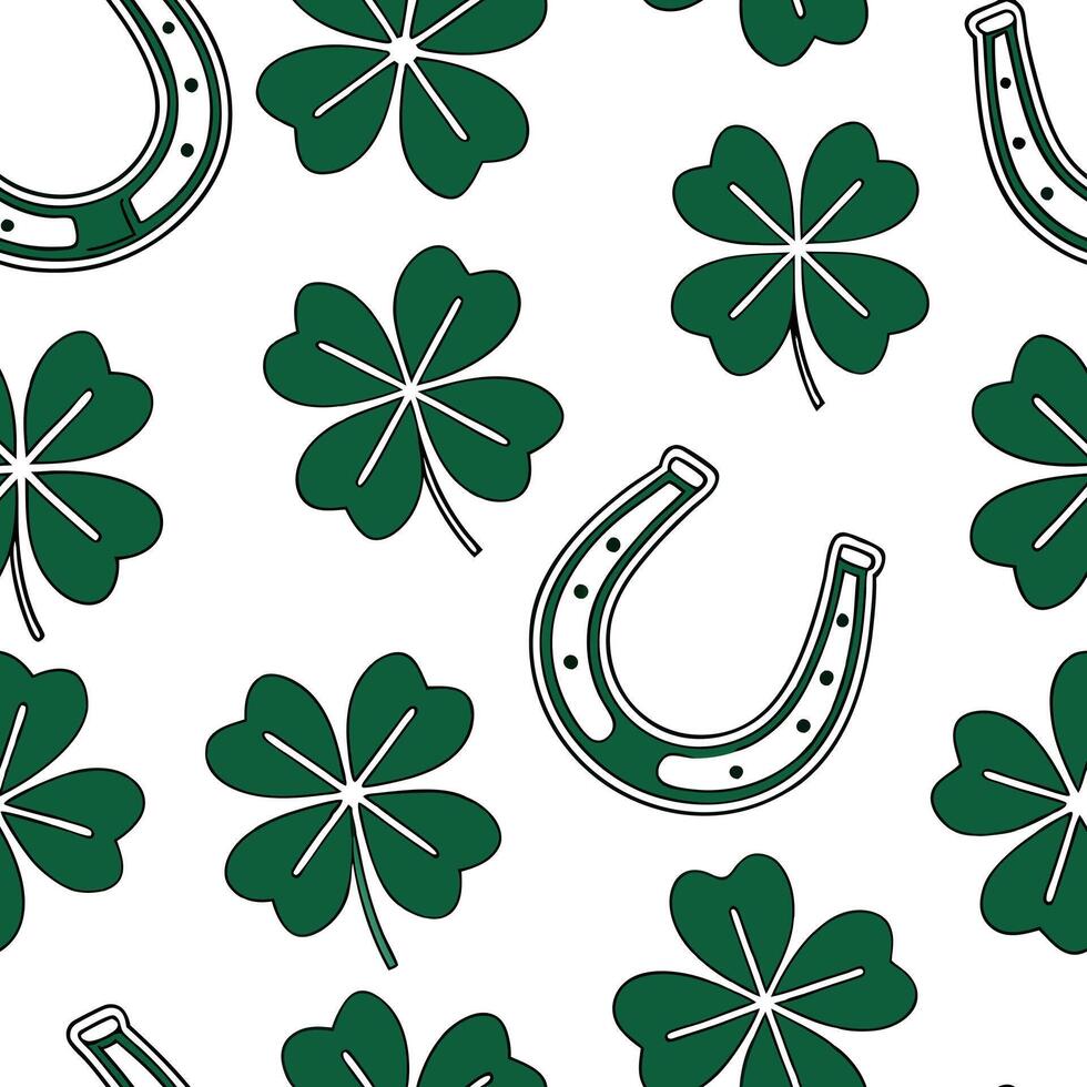 Flat Elegant four leaf clovers and horseshoes seamless tile pattern with rich green hues concept as Rich green hues highlight elegant four leaf clovers and horseshoes in seamless t Clean Pro vector