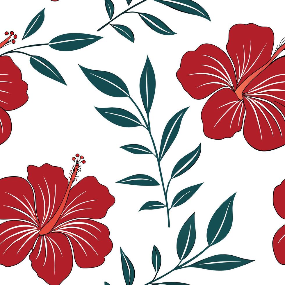 Flat Elegant hibiscus seamless tile pattern with large red blooms and subtle green leaves on white background ideal for luxurious bathrooms concept as Large red hibiscus blooms and Clean Pro vector