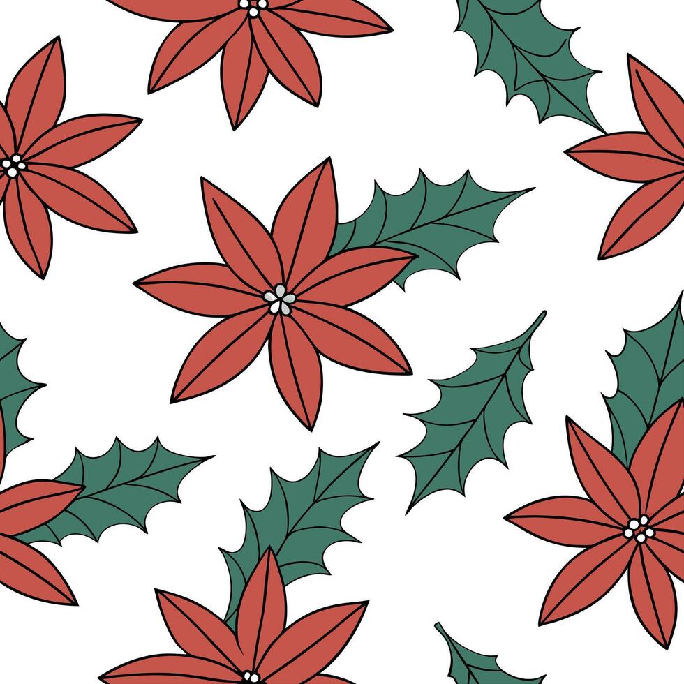 Flat Elegant poinsettia and holly seamless tile pattern with rich red and green hues concept as Rich red poinsettias and holly leaves create an elegant seamless tile pattern with v Clean Pro vector