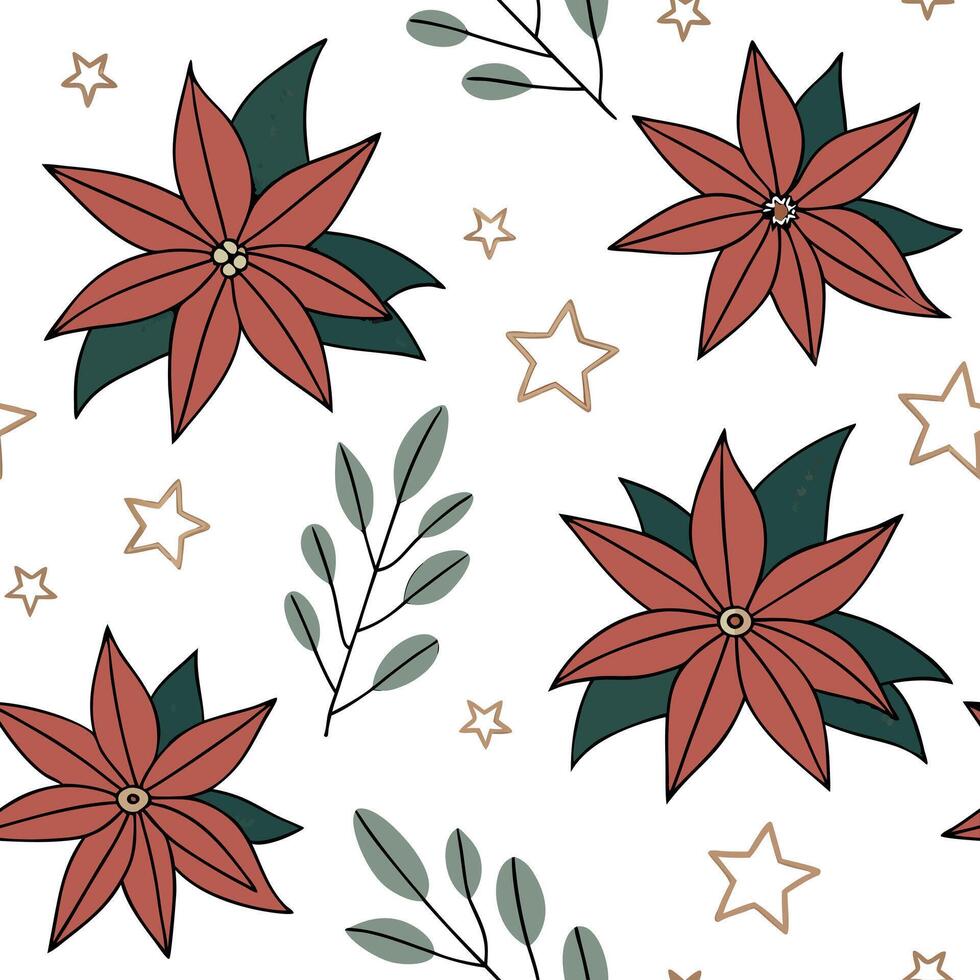 Flat Elegant poinsettia and Christmas star seamless tile pattern with rich festive hues concept as Rich festive hues adorn elegant poinsettias and Christmas stars in seamless tile Clean Pro vector