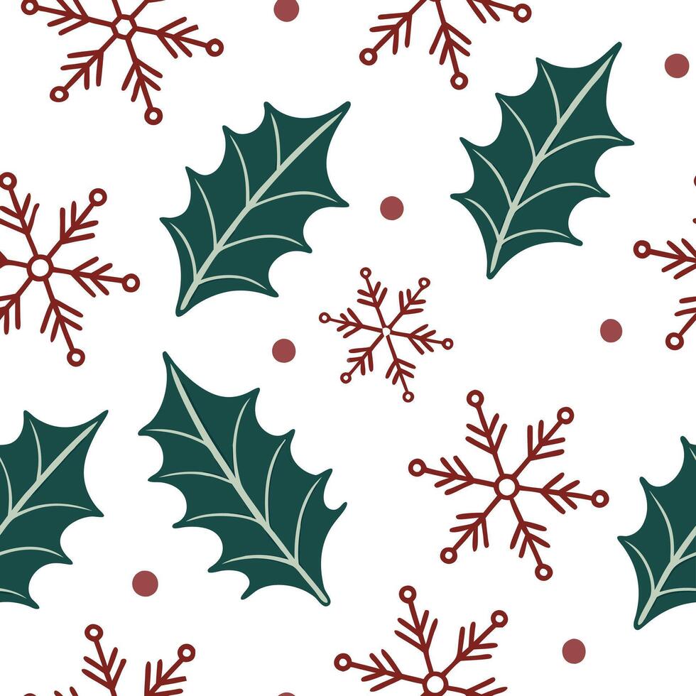 Flat Elegant snowflake and holly leaf seamless tile pattern with rich red and green tones concept as Rich red holly leaves and elegant snowflakes create seamless tile pattern with Clean Pro vector