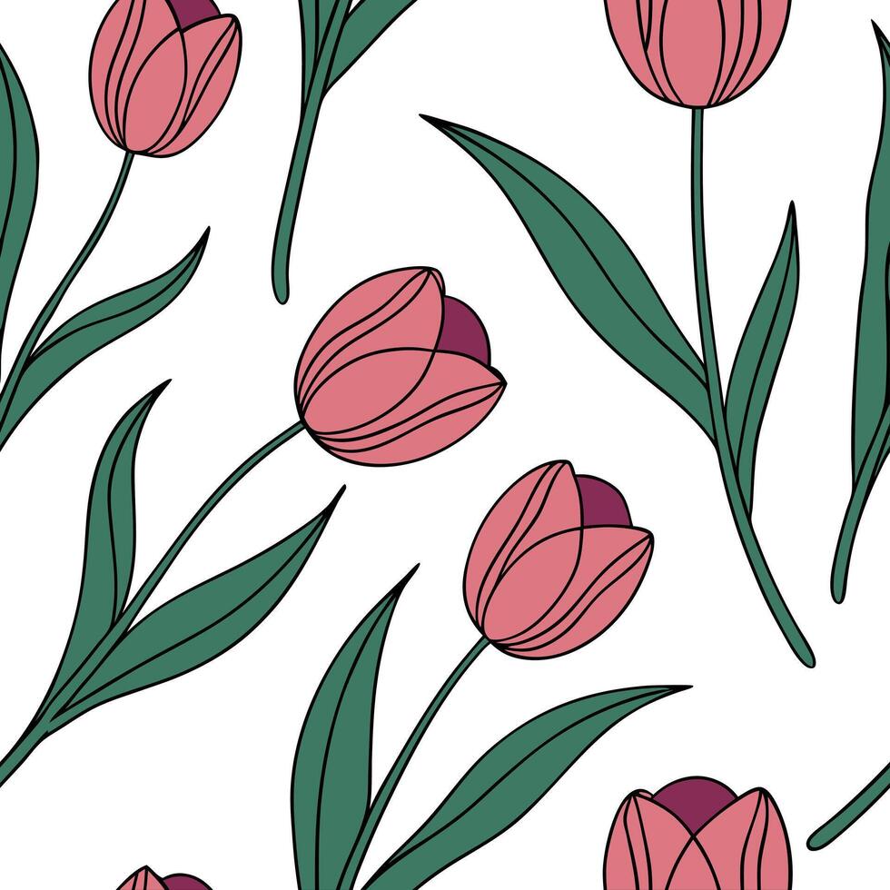 Flat Elegant tulip seamless tile pattern with graceful red blooms and green stems on white background ideal for luxurious bathrooms concept as Graceful red tulip blooms and green s Clean Pro 2 vector