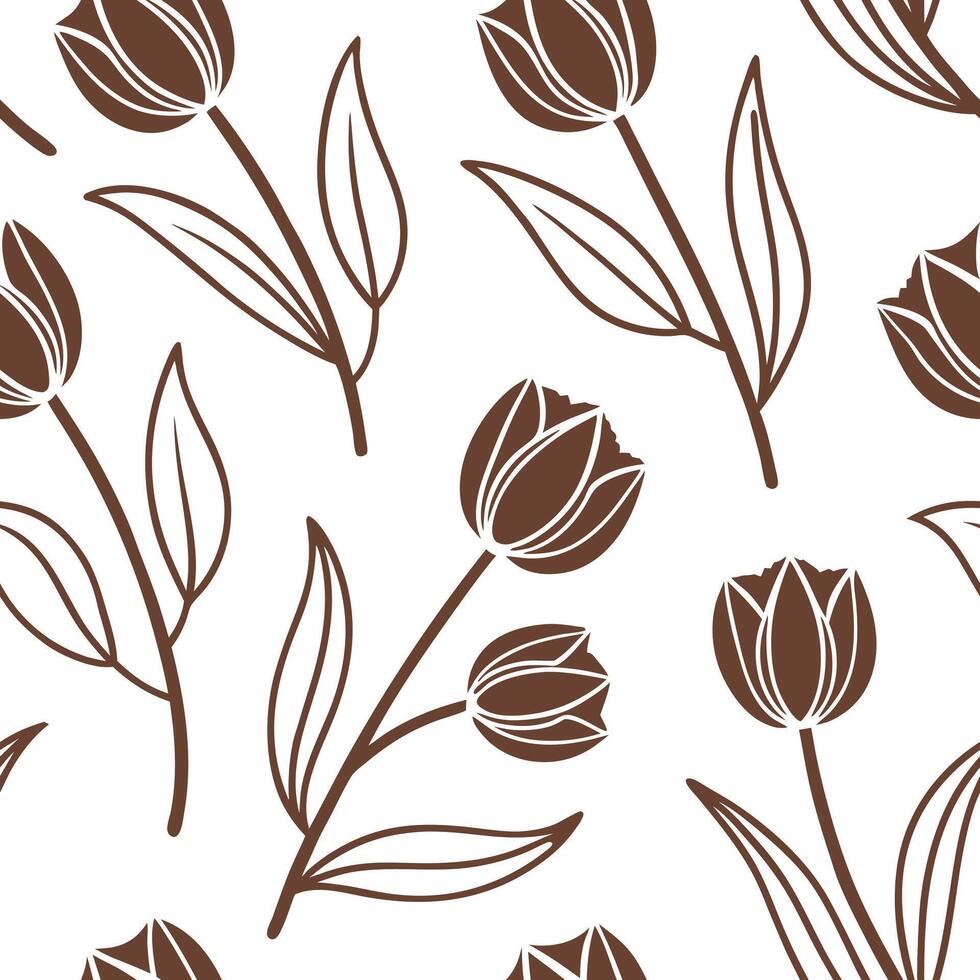Flat Farmhouse tulip seamless tile pattern with vintage tulips and warm brown accents on white background ideal for cozy kitchens concept as Vintage tulips and warm brown accents o Clean Pro vector