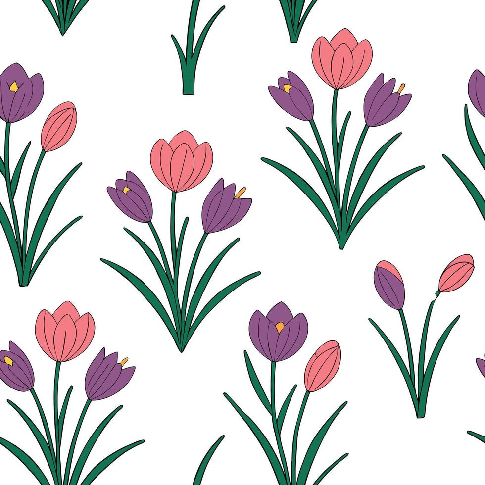 Flat Fresh spring garden seamless pattern with tulips and crocuses for modern outdoor gardens concept as Modern outdoor garden design featuring tulips and crocuses arranged in a se Clean Pro vector