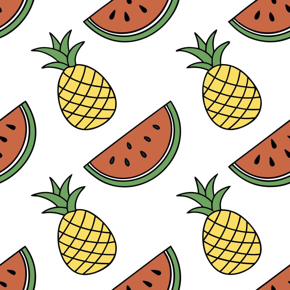 Flat Fresh summer seamless tile pattern with watermelon and tropical fruits for vibrant outdoor dining concept as Watermelon and tropical fruits arranged in a seamless tile pattern Clean Pro vector
