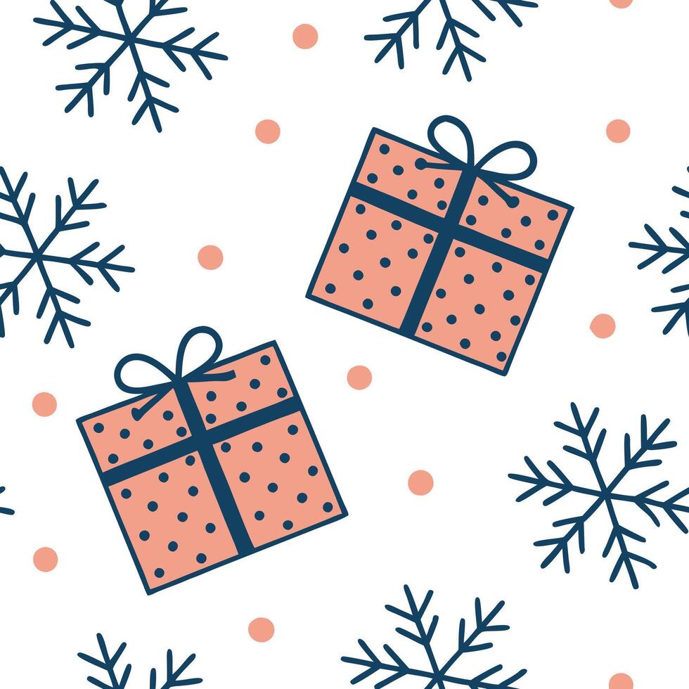 Flat Frosty snowflake and holiday gift seamless tile pattern with vibrant colors and festive elements concept as Vibrant holiday gifts paired with frosty snowflakes create a seamle Clean Pro vector