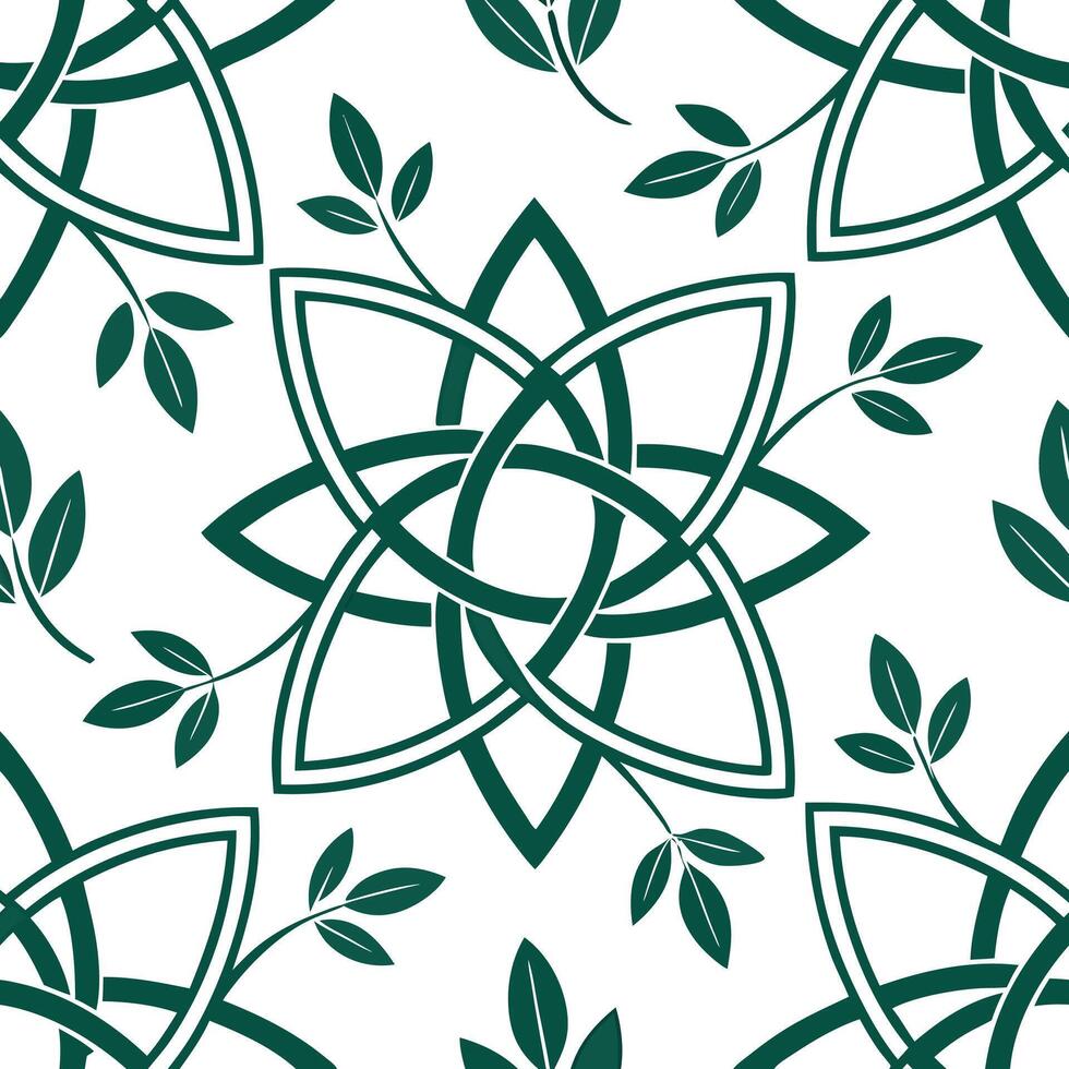 Flat Intricate Celtic knots and interwoven vines seamless tile pattern with rich green tones concept as Rich green tones highlight intricate Celtic knots intertwined with vines in Clean Pro vector