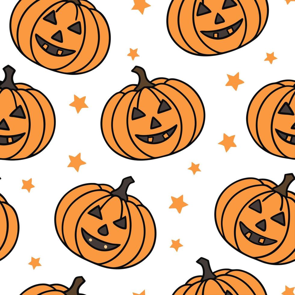 Flat Jack o lanterns and witches seamless tile pattern with vibrant orange and magical elements for enchanting Halloween decor concept as Vibrant orange jack o lanterns and magical Clean Pro vector