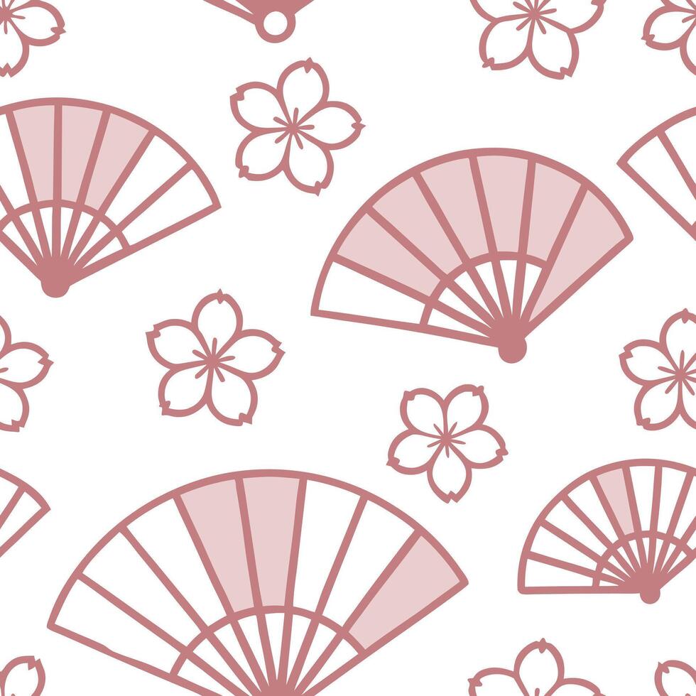 Flat Japanese cherry blossoms and traditional fans seamless tile pattern with soft pink and white tones concept as Soft pink and white tones highlight Japanese cherry blossoms inte Clean Pro vector