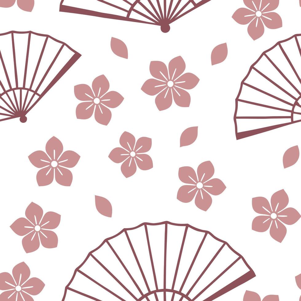 Flat Japanese sakura blossoms and traditional fans seamless tile pattern with soft pink and white tones concept as Soft pink and white tones highlight Japanese sakura blossoms inte Clean Pro vector