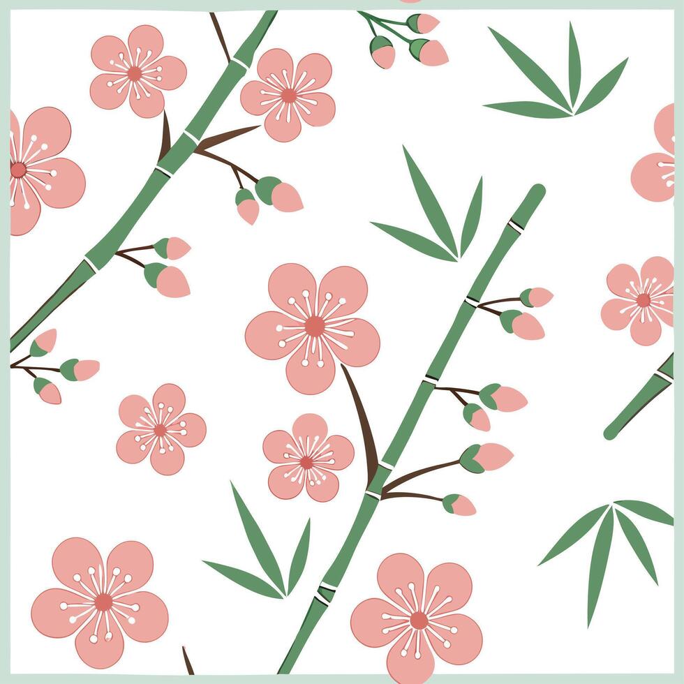 Flat Japanese cherry blossoms and bamboo borders seamless tile pattern with soft pinks and natural greens for serene decor concept as Soft pink cherry blossoms and natural green ba Clean Pro vector