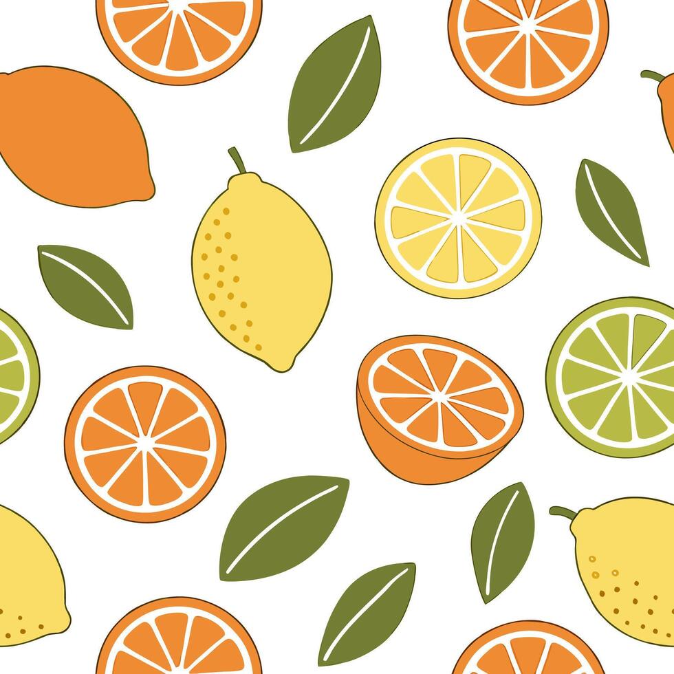 Flat Juicy citrus fruits seamless tile pattern with bright oranges lemons and limes for a zesty summer vibe concept as Oranges lemons and limes create a zesty and vibrant seamless Clean Pro vector