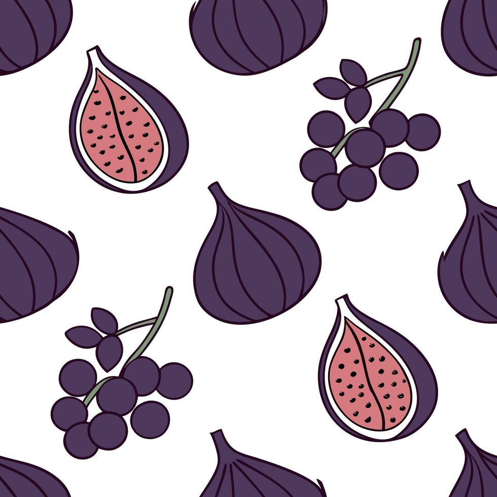 Flat Juicy fig and grape seamless tile pattern with rich colors and autumn vibes concept as Rich colored figs and grapes create a juicy fig and grape seamless tile pattern perfect Clean Pro vector