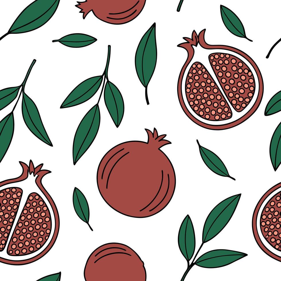 Flat Juicy pomegranate seamless tile pattern with rich red seeds and green leaves concept as Rich red pomegranate seeds and green leaves form a juicy pomegranate seamless tile patt Clean Pro vector