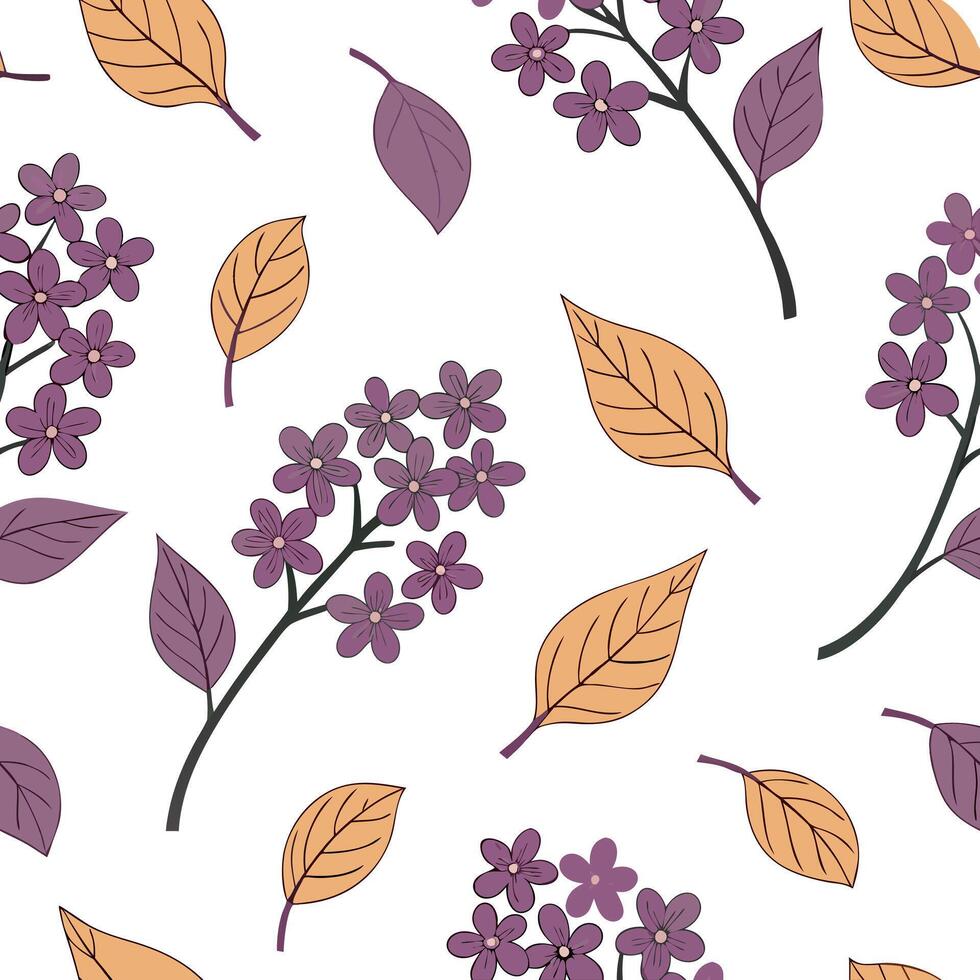 Flat Lilac and autumn leaves seamless pattern colorful isolated white background perfect for fall textiles branding packaging concept as Colorful lilac and autumn leaves seamless p Clean Pro vector